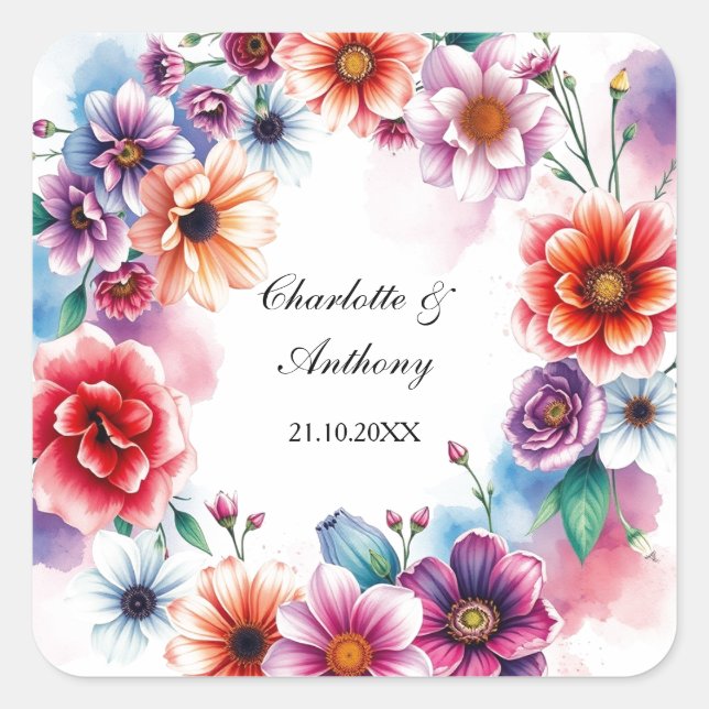 Wedding Creative Floral Names of Couple & Date Square Sticker (Front)