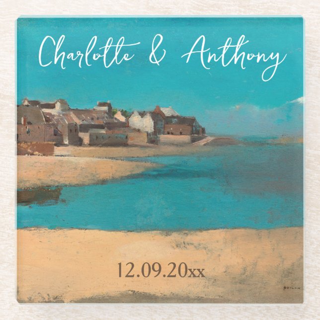 Wedding Creative Village Sea Sky Impressionist Glass Coaster (Front)
