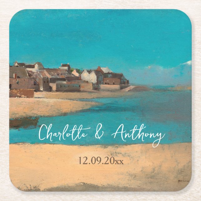 Wedding Creative Village Sea Sky Impressionist Square Paper Coaster (Front)