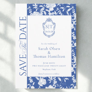 Wedding Crest Blue Chinoiserie Floral  Save The Date