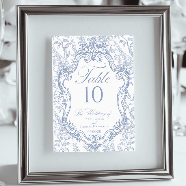Wedding Crest Blue Floral Elegant Script Table Number (Creator Uploaded)