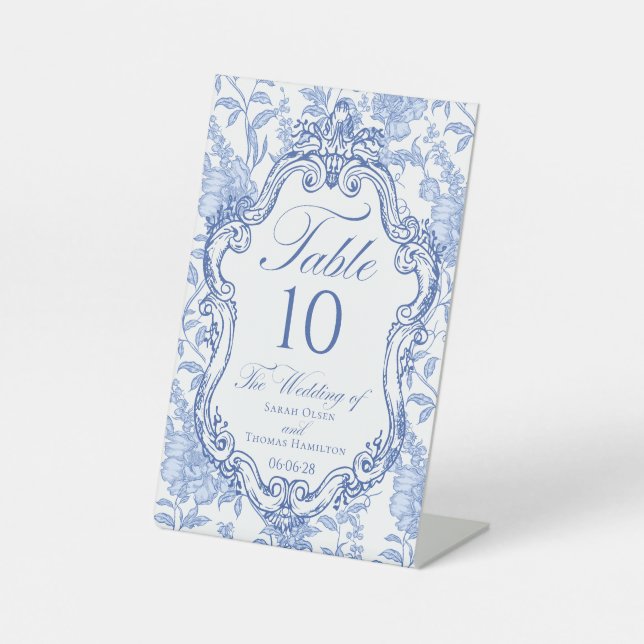 Wedding Crest Blue Floral Elegant Table Number Pedestal Sign (Front)