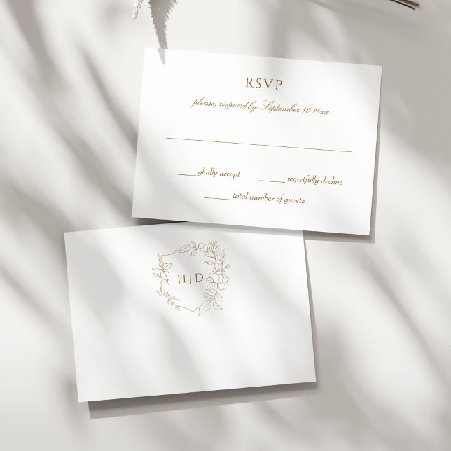Wedding crest botanical gold simple elegant RSVP card (Wedding crest botanical gold simple elegant minimalist RSVP cards monogram gold and white RSVP)