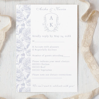Wedding Crest Dusty Blue Peony RSVP Card