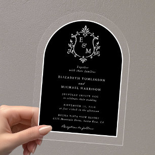 Wedding Crest Monogram Arch Black Acrylic Invitations