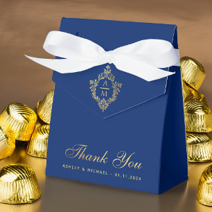 Wedding Crest Royal Blue Faux Gold Thank You  Favor Box