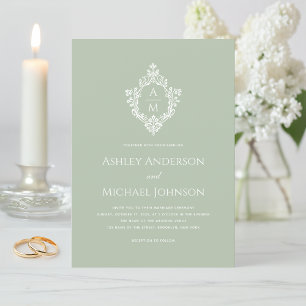 Wedding Crest Sage Green Vintage Elegant Monogram Invitation