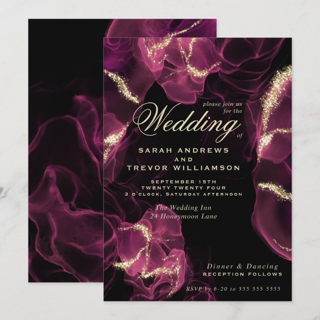 Wedding | Crimson Berry Alcohol Ink  Invitation (Front/Back)