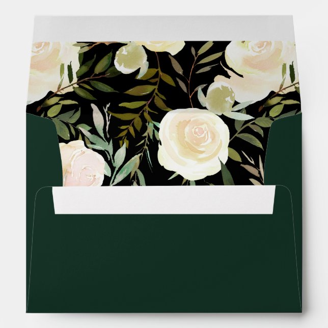 Wedding Custom Dark Moody White Rose Dark Green Envelope (Back (Bottom))