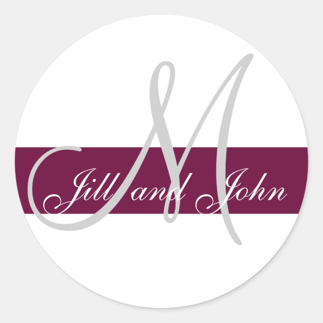 Wedding Custom Monogram Initial & Names Wine Grey Classic Round Sticker (Front)