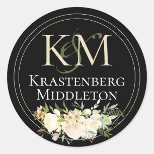 Wedding Custom Monogram Name Cream Black Classic Round Sticker