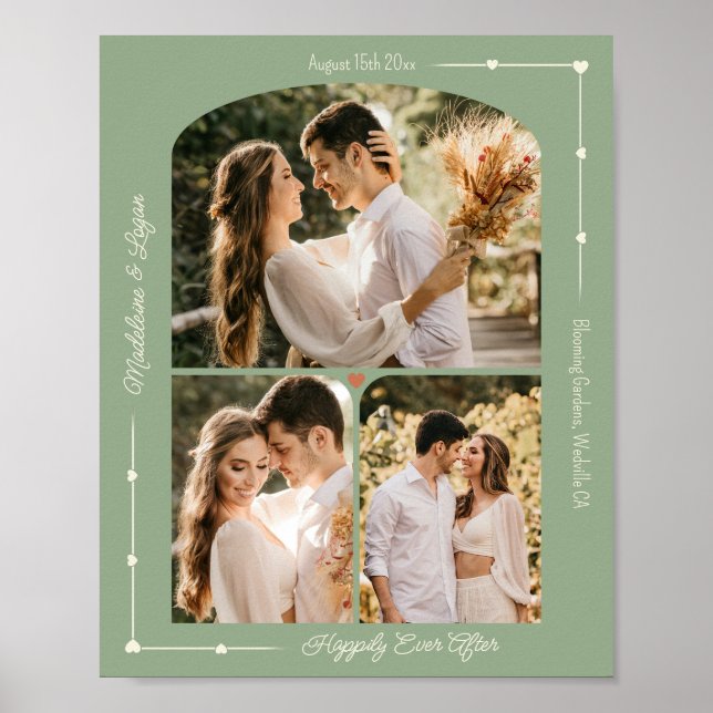 Wedding Custom Photo Collage Modern Sage Hearts Poster (Front)