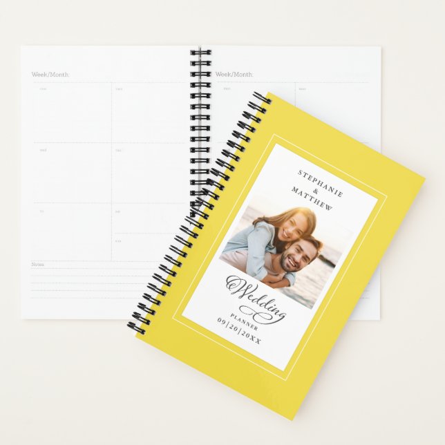 Wedding Custom Photo Yellow White Elegant Script Planner (Display)
