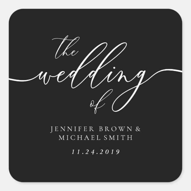 Wedding Custom Script Minimal Black Square Sticker (Front)