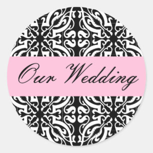 Wedding - Customizable (Black & White Damask) Classic Round Sticker