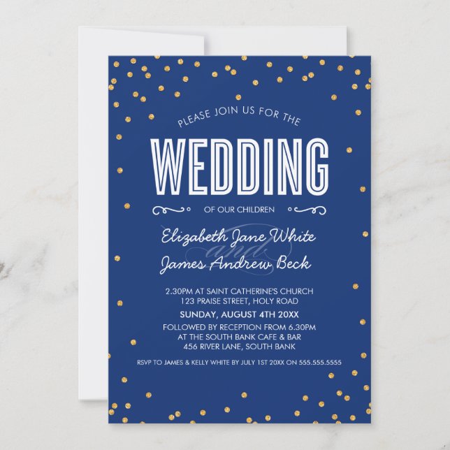 WEDDING cute gold glitter confetti bold dark blue Invitation (Front)