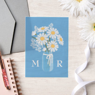 Wedding Daisies Mason Jar Monogram Initials Blue Vellum Invitations