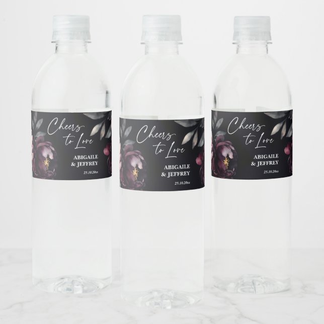 Wedding dark moody peonies personalized water bottle label (Bottles)