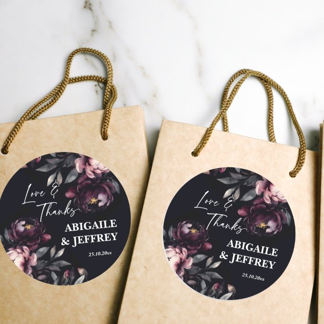 Wedding dark moody peonies thank you favour classic round sticker (Dark moody peonies wedding thank you favor stickers favor gift stickers wedding favors)