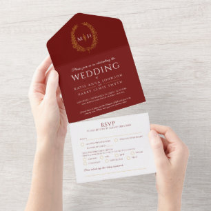 Wedding dark red gold white oval leaves monogram all in one invitation