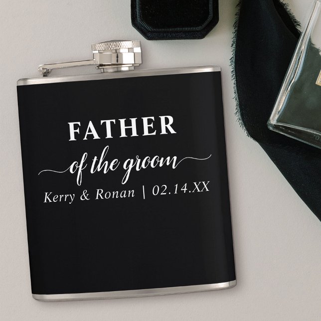 Wedding Date and Names Black Father of the Groom Hip Flask (Personalized gift for Father of the Groom)