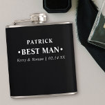 Wedding Date and Names Black Personalized Best Man Hip Flask<br><div class="desc">Personalized Hip Flasks are great wedding keepsake gifts for the best man and groomsmen. This minimalist typography design is lettered in modern, bold typography and can be customized for each of the grooms party. The name template is set up ready for you to add the best man's name, the bride...</div>