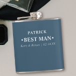 Wedding Date and Names Blue Personalized Best Man Hip Flask<br><div class="desc">Personalized Hip Flasks are great wedding keepsake gifts for the best man and groomsmen. This minimalist typography design is lettered in modern, bold typography and can be customized for each of the groom's party. The name template is set up ready for you to add the groomsman's name, the bride and...</div>