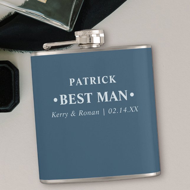 Wedding Date and Names Blue Personalized Best Man Hip Flask (Wedding thank you gift for your best man)