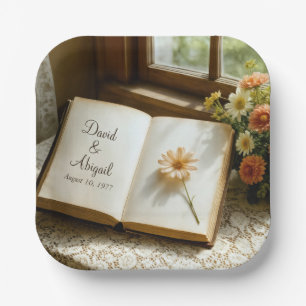 Wedding Date and Names in an Open Book Paper Plate