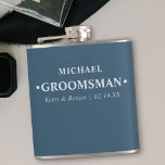 Wedding Date and Names Personalized Groomsman Blue Hip Flask<br><div class="desc">Personalized Hip Flasks are great wedding keepsake gifts for the groom's party. This minimalist typography design is lettered in modern, bold typography and can be customized for each of the groomsmen. The name template is set up ready for you to add the groomsman's name, the bride and groom's names and...</div>