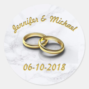 Wedding Date Bride & Groom Customizable Gold Rings Classic Round Sticker