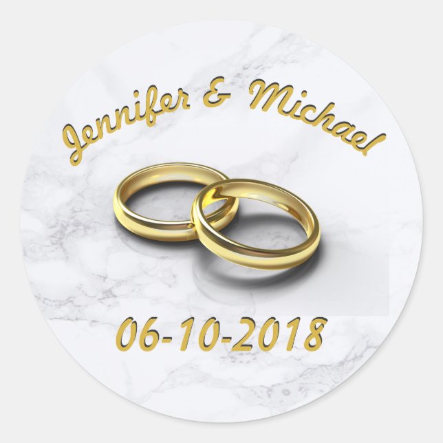 Wedding Date Bride & Groom Customizable Gold Rings Classic Round Sticker (Front)