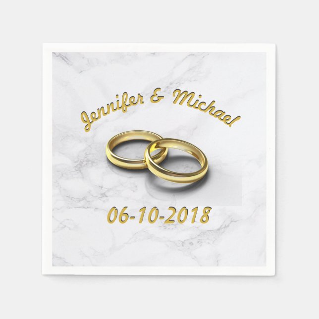 Wedding Date Bride & Groom Customizable Gold Rings Napkin (Front)