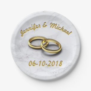 Wedding Date Bride & Groom Customizable Gold Rings Paper Plate
