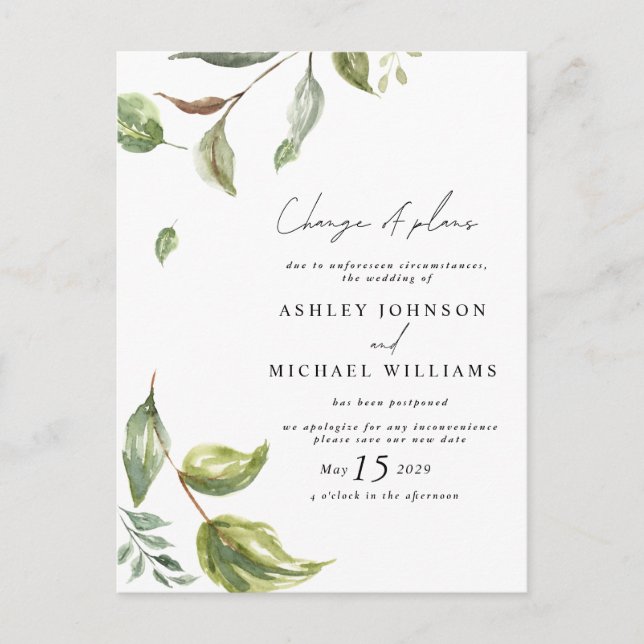 Wedding Date Change of Plans Watercolor Script Announcement Postcard (Front)