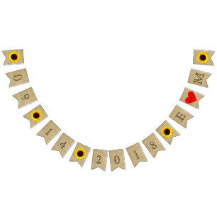 Wedding Date Initials Burlap Look and Sunflowers Bunting Flags