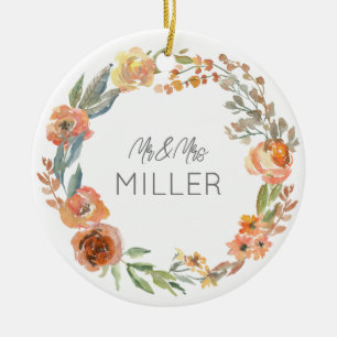 Wedding Date Mr&Mrs Couple Name Fall Floral Art Ceramic Ornament