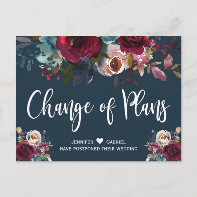 Wedding Date Postponed Burgundy Navy Floral Announcement Postcard (Front)