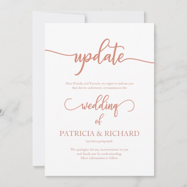 Wedding Date Postponement Update Elegant Rose Gold Invitation (Front)