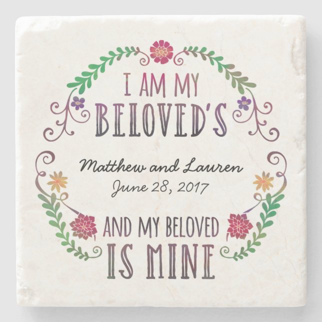 Wedding Date Watercolor, I Am My Beloved's Stone Coaster (Front)