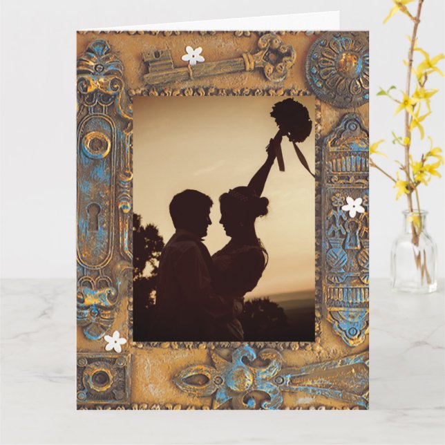 Wedding Day Congratulations Antique Skeleton Key Card (Yellow Flower)