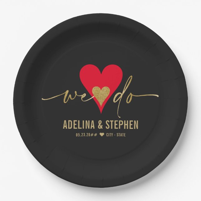 Wedding Day Elegant Simple Heart We Do Gold Script Paper Plate (Front)