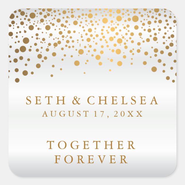 Wedding Day Gold Dots on White Satin Square Sticker (Front)