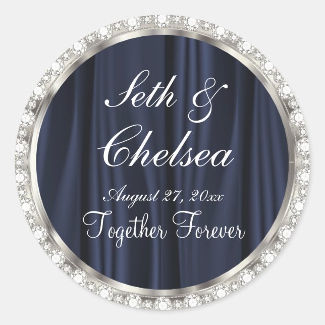 Wedding Day Navy Blue Satin & Faux Diamonds Classic Round Sticker (Front)