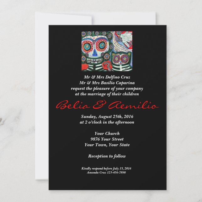Wedding - Day Of The Dead - Mexican Woman & Cat Invitation (Front)