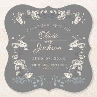 Wedding day personalized grey floral modern paper coaster