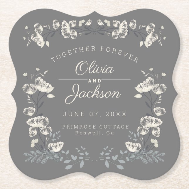 Wedding day personalized grey floral modern paper coaster (Front)