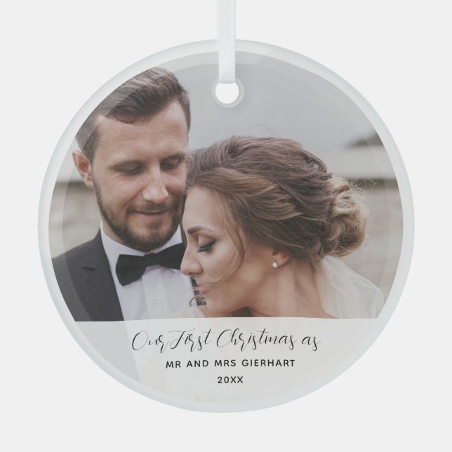 Wedding Day Photo First Christmas Married Glass Ornament (Front)