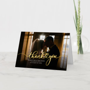 Wedding Day Photo Hand-Lettered Thank You Gold Foil Greeting Card
