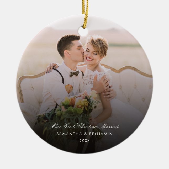 Wedding Day Photo Script Couples Holiday Keepsake Ceramic Ornament (Front)